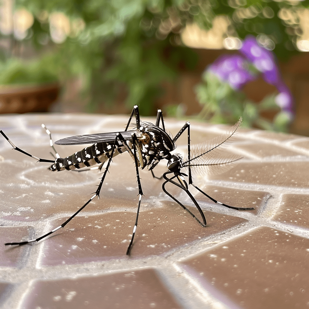 Un moustique posé sur une table de jardin